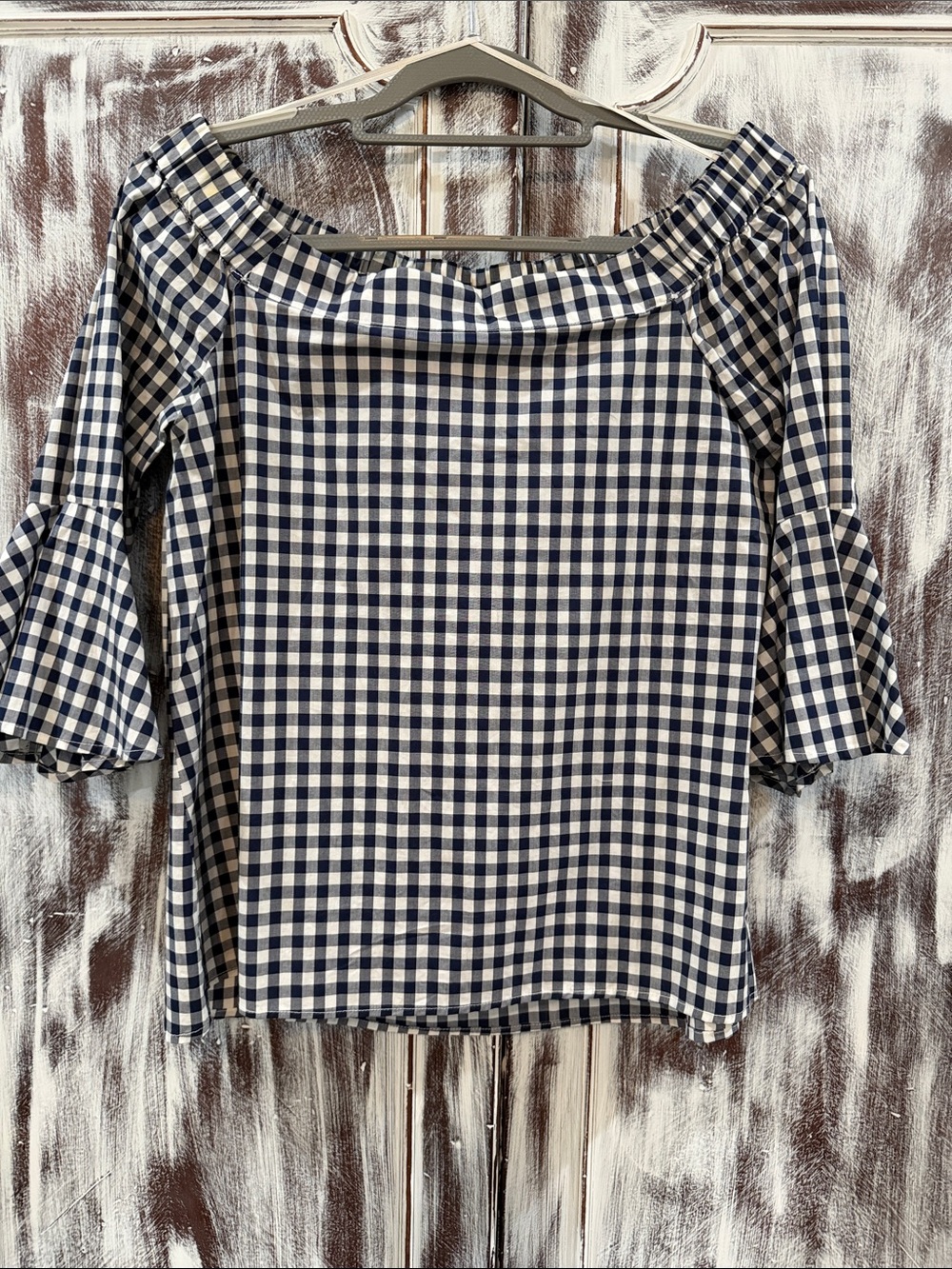 Cupio Navy and White Gingham Off-Shoulder Blouse